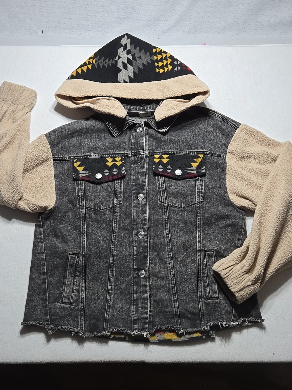 Blue Buttercup Black & Cream Denim w/Detachable Hood and Aztec Styling.